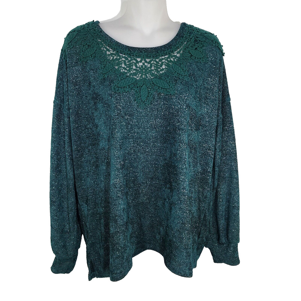 Maurice's Womens Top Sweater Large Green Lace Long Sleeve Sparkles Knit Shimmer